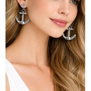 Free Press Nickel Free Anchor Dangle Earrings Silver Tone Rhinestone Hoops